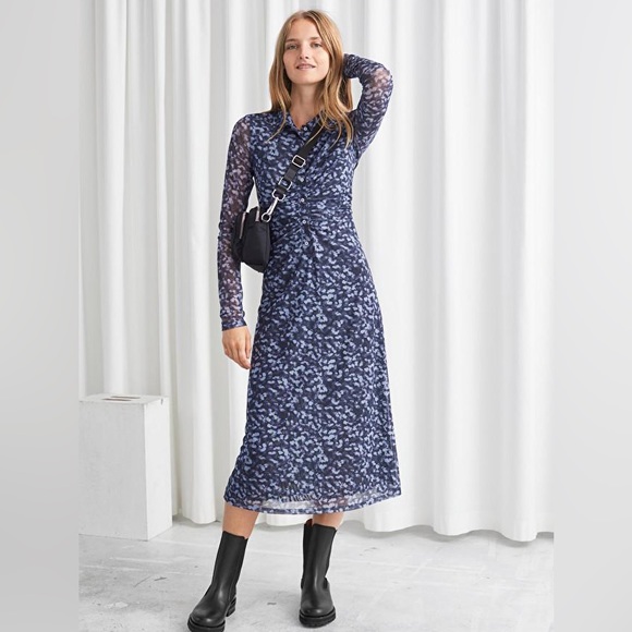 & Other Stories Dresses & Skirts - & OTHER STORIES | Mesh Midi Shirt Dress Long Sleeve Abstract Print Stretch Sz 10